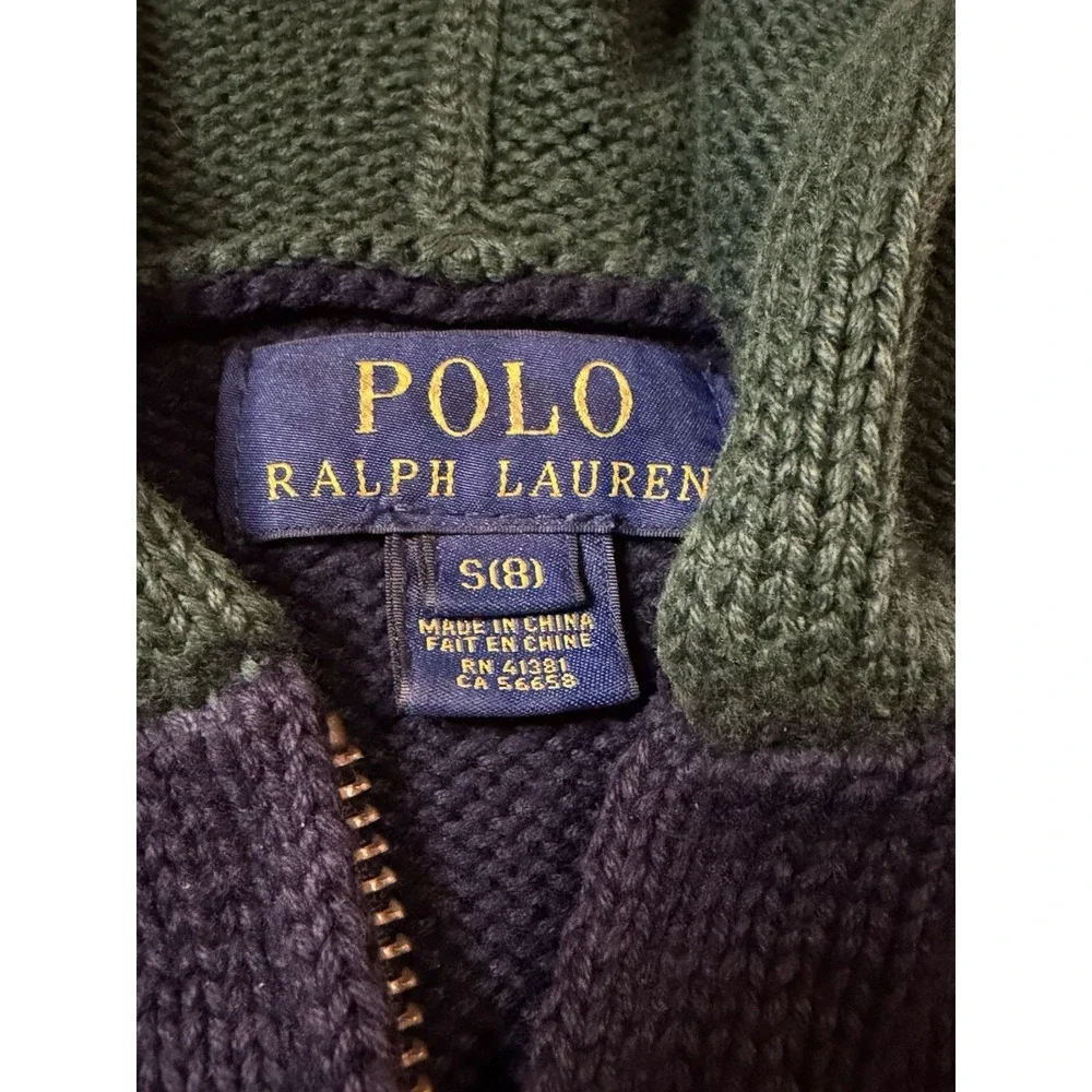 Polo Ralph Lauren Kids Big Pony Full Zip Knit Hoodie Navy Green Size Small 8